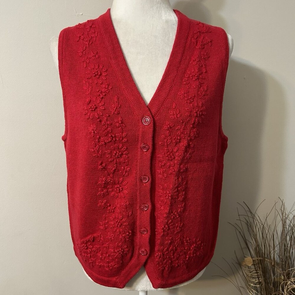 Requirements Red Embroidered Floral Sweater Vest Women Christmas Cotton Blend XL